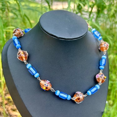Hand Blown Glass Beaded Necklace Blue Orange Beads Art Glass Handmade Jewelry vintage Estate Jewelry 