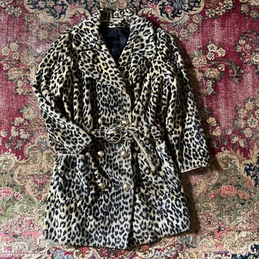 Vintage 1960’s leopard print faux fur coat | OOAK handmade ‘60s belted trench, S 