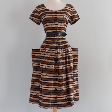 Rare 1950's Bamboo Print Cotton Dress By Horrockses / Medium