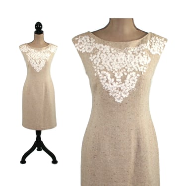 S 90s Beige Dress Small, Embroidered Cocktail Dress, Tweed Sleeveless Sheath, Fitted Wiggle Dress 90s Clothes Women Vintage KAY UNGER Size 4 
