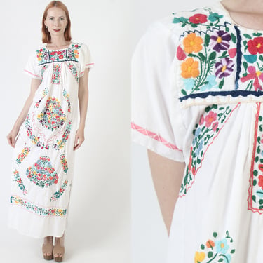 Long White Cotton Mexican Embroidered Dress, Vintage Flutter Sleeve Quinceanera Outfit, Mexico Vacation Beach Cover Up 