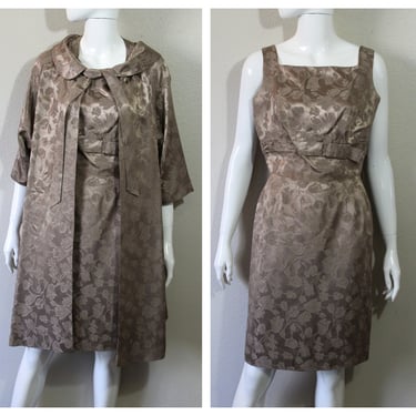 Vintage 50 60s Jeannette Alexander of California Gold Taupe Sheath Dress Matching Swing Coat Hollywood Event /  US 2 4 6 Small 