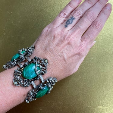 1960s chunky bracelet, selro selini, vintage 60s bracelet, mid century jewelry, green cabochon, baroque style, mrs maisel, statement, ornate 