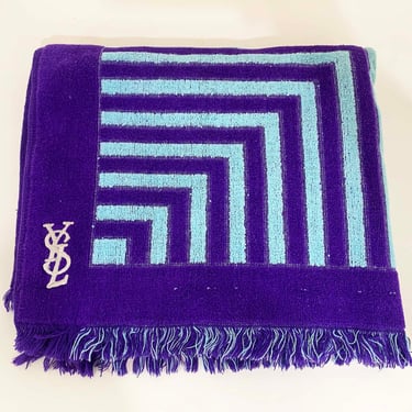 Vintage Yves Saint Laurent By Fieldcrest Bath Towel Geometric Striped Purple Blue Terry Cotton Bathroom Mid-Century Terrycloth YSL 1960s 