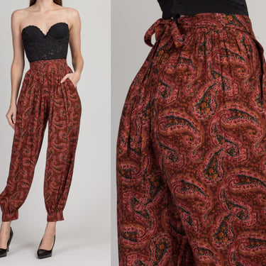 Vintage Red Paisley Balloon Leg Harem Pants - Extra Small | 80s Carole Little Tapered High Waist Rayon Trousers 