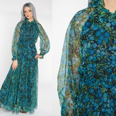 Floral Boho Dress Hippie 70s Maxi Dress Sheer Chiffon Sleeve Garden Party Dress 1970s Bohemian Vintage High Waist Long Sleeve Blue Small 