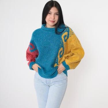 Vintage Dolman Sweater 80s Geometric Swirl Color Block Knit Sweater Long Sleeve Slouchy Pullover Blue Yellow Pink 1980s Retro Large L 