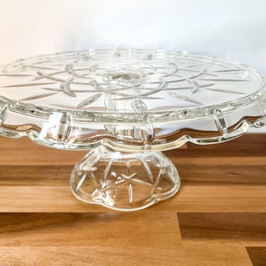 Vintage Cut Glass Cake Stand. Scalloped Edge Dessert Plate. Footed Glass Serving Dish. 