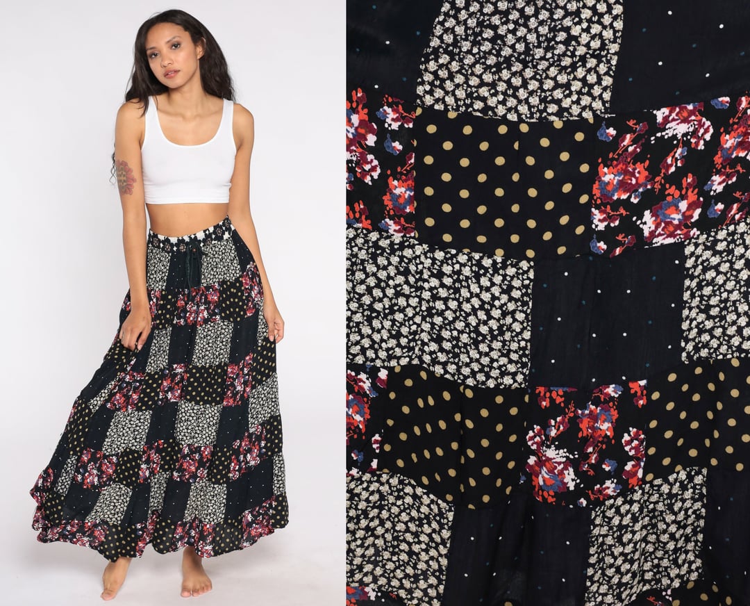Patchwork Broomstick Skirt Boho Skirt Black Floral Skirt Gypsy Maxi