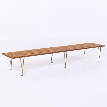 Hugh Acton Mid Century Walnut and Brass Slat Bench - mcm 