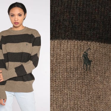 Ralph Lauren Striped Sweater 90s Brown Wool Pullover Crewneck Sweater Grunge Polo Knit Basic Plain Neutral Jumper Vintage 1990s Mens Large 