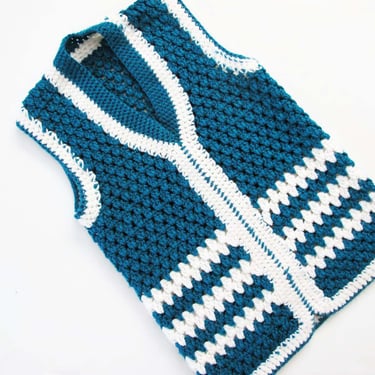 Vintage 70s Hand Knit Crochet Sweater Vest S -  1970s Teal Blue White V Neck Knitted Pullover Top 