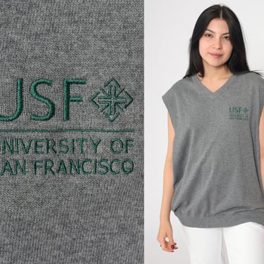 USF Sweater Vest 00s Grey University of San Francisco Knit Vest California Sleeveless Pullover V Neck 2000s Large L 