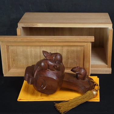 Japan Nezumi Mouse Kibori Wood Carving sculpture Hotei deity fortune god 1970 Japanese craft 