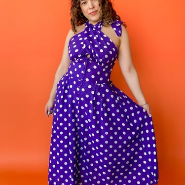 1980s Purple Polka Dot Halter Dress, sz. Large