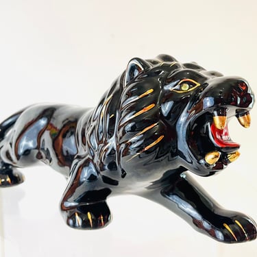 Vintage 1960s MID Century Modern Black Prowling Lion Ceramic Art Sculpture Statue Made in Japan 