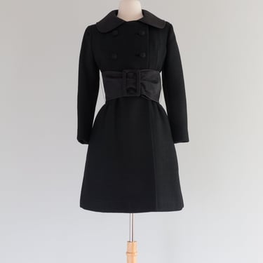 Sublime 1960's Wool Coat With Wide Belted Waist / Small