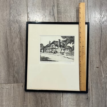 Antique etching print framed “A BlewBury homestead ” signed J W Dungey of England 
