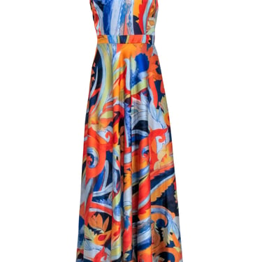 Nicole Miller - Orange & Blue Swirl Print Sleeveless Maxi Dress Sz 10