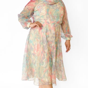 1980s Pastel Swirl High-Neck Dress, sz. L