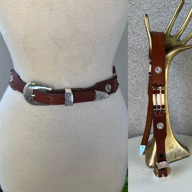 Vintage 80s western belt brown leather faux bone beads silver accents fits 26-28” 