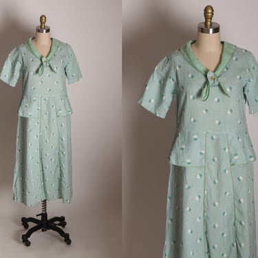 1930s Mint Green Blue and Cream Short Sleeve Bow Neckline Peplum Waist Diamond Shape Feedsack Dress -M 