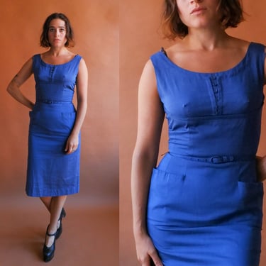 Vintage 50s Blue Wiggle Dress/ 1950s Fitted Dress with Belt and Pockets/ Size Small 27 