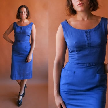 Vintage 50s Blue Wiggle Dress/ 1950s Fitted Dress with Belt, Bottle of  Bread