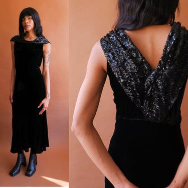 Vintage 30s Black Velvet and Sequin Bias Cut Gown with Low Back/ Size Small Medium 