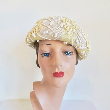 Vintage 1960's Christian Dior Chapeaux Hat Yellow White Straw Beaded Tulle Trim Beret Pillbox Style 60's Mod Hats French  Designer 