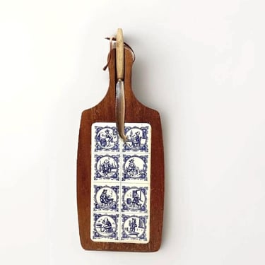 Vintage Rustic Wooden Cutting Board Delft Tiles w/ Loop-tie & Knife | Farmhouse Kitchen 