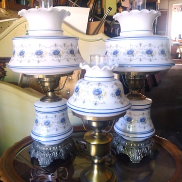 Pair (2) VINTAGE Quoizel Blue "Abigail Adams" Floral Hurricane Lamp, GWTW Style, Farmhouse Decor  (Small Lamp Sold Seperately) 