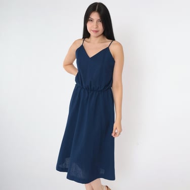 Vintage Navy Blue Sun Dress Boho 70s 80s Sundress Midi Bohemian Hippie V Neck Summer High Waist Plain Spaghetti Strap Retro Small S 