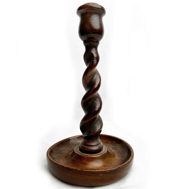 ANTIQUE Old English Barley Wood Twist Candlestick Candle Holder Brass VICTORIAN 1800's Vintage 9" Tall Single Brown Early 