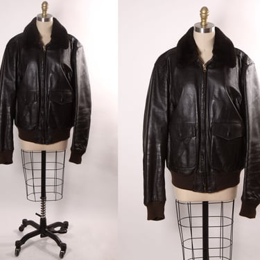 1980s Black Leather Goatskin and Mouton Fur Trim Long Sleeve Bomber Jacket by L.L. Bean -L 