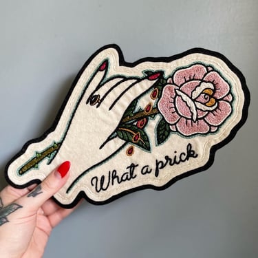 Handmade / hand embroidered black & off white felt patch - What a Prick hand and rose back patch - 1940s vintage style - tattoo flash 