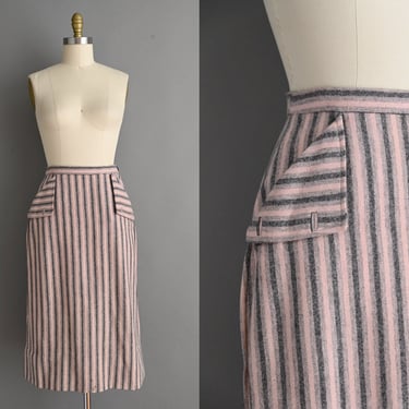 vintage 1950s Skirt | Pink & Gray Stripe High Waist Wool Pencil Skirt | Medium 