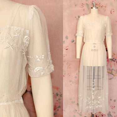 Early 1920s Wedding Dress / 1910s-20s White Sheer Gossamer Mesh Lace Gown / Bridal  Summer Gown 