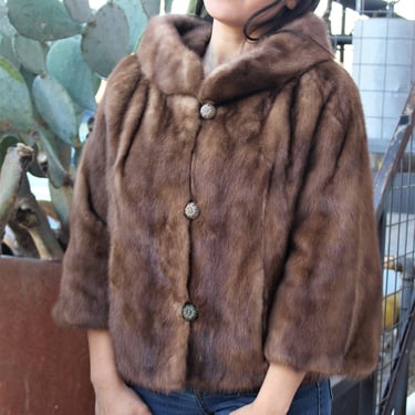 Vintage 60s Oleg Cassini Autumn Haze Mink Fur Bolero Jacket, Brown Fur Wrap, Medium Women 