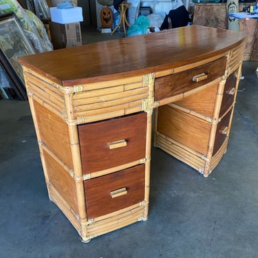 Restored Large Stacked Rattan Secretary Desk w/ Solid Mahogany Top 