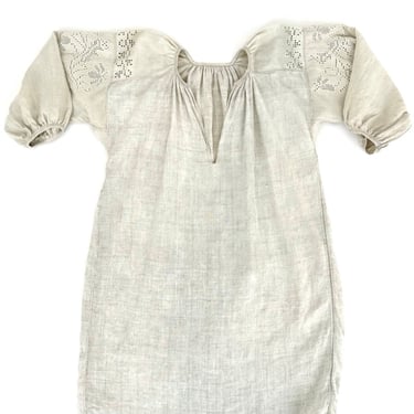 Linen Embroidered Puff Sleeve Dress