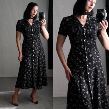 Vintage 90s DAVID WARREN NY Black & Ivory Floral Print Button Up Maxi Dress w/ Lace Pleated Bib Trim | 100% Rayon | 1990s Designer Dress 