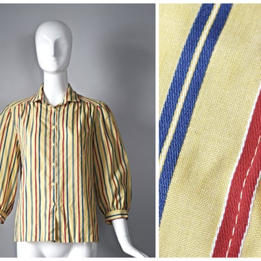 vtg 70s Lady Manhattan yellow primary pinstripe 3/4 puff sleeve button down blouse | 1970s | summer striped stripes size 8 shirt 1980s 80s 