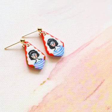Hand Painted Ceramic Earrings, Handmade Porcelain Earrings, Porcelain Ceramic Charms, Red and White, Quirky Woman Earrings, Handmade Gift 