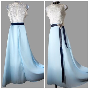 white lace top blue skirt wedding prom evening gown, vintage sleeveless mock neck long dress 