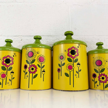 Vintage Floral Canisters Tin Storage Set of 4 Lithograph Metal Yellow Green Flower Power Mid Century Container Kitchen Pantry 1960s 