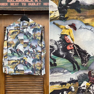 Vintage 1950’s Cowboy Western Cotton Hawaiian Rockabilly Shirt, 50’s Loop Collar, 50’s Rodeo, Vintage Clothing 
