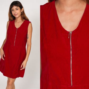 Velvet Jumper Dress 00s Red Mini Shift Y2K Pinafore Zip Up Overall Dress Faded Glory Sleeveless Vintage Minidress Large L 