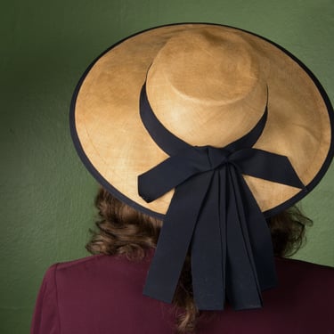 vintage 1940s black straw wide brim hat cartwheel 40s fashion coral ribbon 1940s hat, black straw, wide brim, vintage millinery, 1930  main image 2