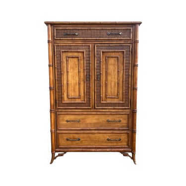Vintage Faux Bamboo Armoire with 4 Drawers by Stanley with Rattan Wicker - Rare Chinoiserie Hollywood Regency Wooden Furniture 